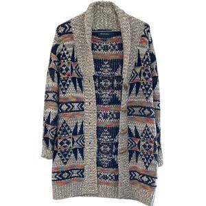 Nordic Pattern Cardigan in Beige with Navy and Coral Accents